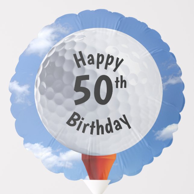 50th Birthday Golf Ball On Red Tee Balloon (Front)