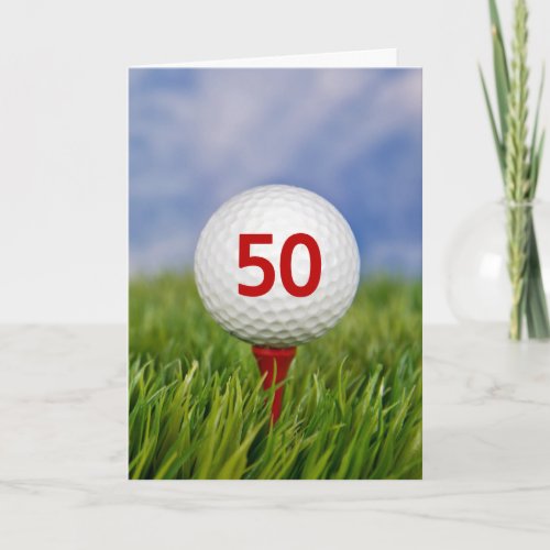 50th Birthday Golf Ball on Red Tee  Card