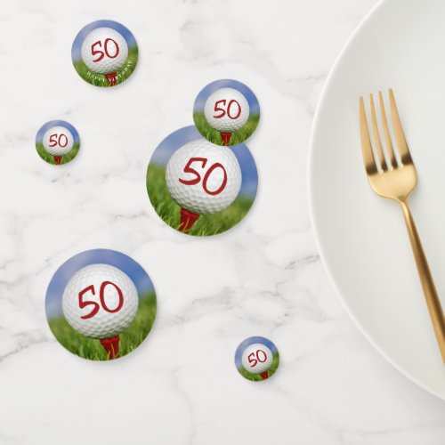 50th birthday golf ball on tee confetti