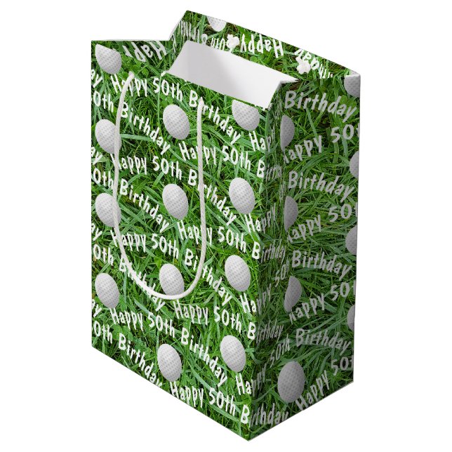 50th Birthday Golf Balls on Grass Medium Gift Bag (Back Angled)