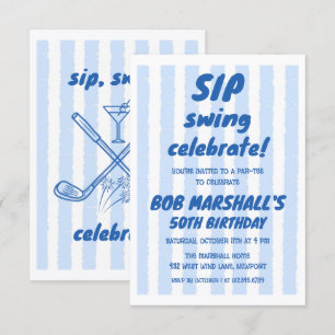 50th Birthday Golf Bold Blue Typography Stripes Invitation