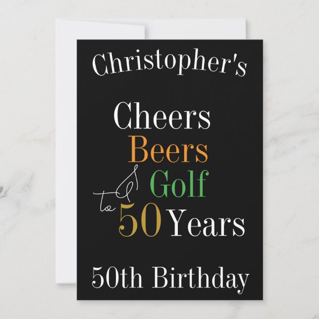50th Birthday Golf Cheers Beers Black Gold Party Invitation (Front)