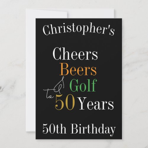 50th Birthday Golf Cheers Beers Black Gold Party Invitation