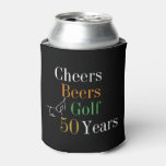 50th Birthday Golf Cheers Beers Party Black Gold Can Cooler at Zazzle