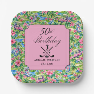 50th Birthday Golf Pink Green Preppy Print Paper Plates