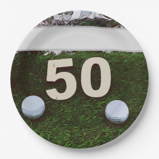 50th Birthday Golfer with golf ball on green Paper Plate