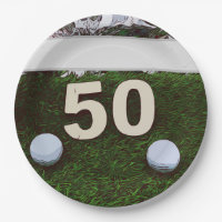 50th Birthday Golfer with golf ball on green Paper Plate