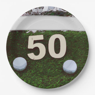 50th Birthday Golfer with golf ball on green Paper Plates