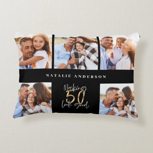 50th birthday good gold black photo collage chic accent pillow