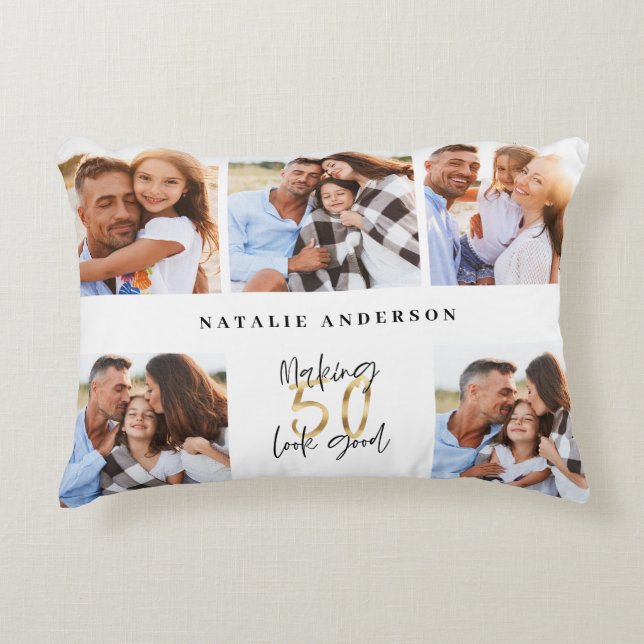 50th birthday good gold black photo collage chic accent pillow (Front)