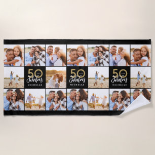 50th birthday good gold black photo collage chic b beach towel