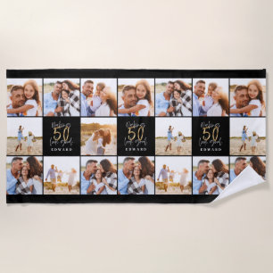 50th birthday good gold black photo collage chic beach towel