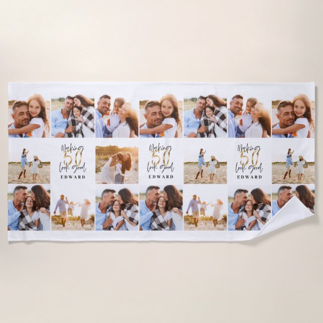 50th birthday good gold black photo collage chic beach towel (Front)