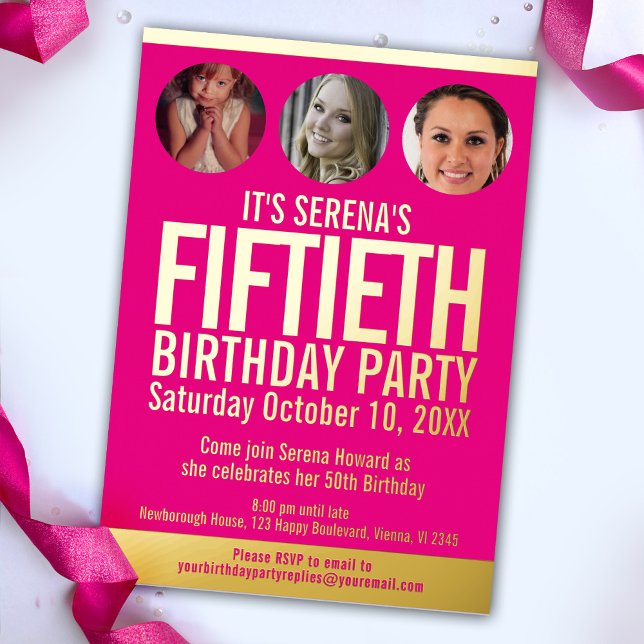 50th Birthday graphic pink gold foil photo circles Invitation (Creator Uploaded)