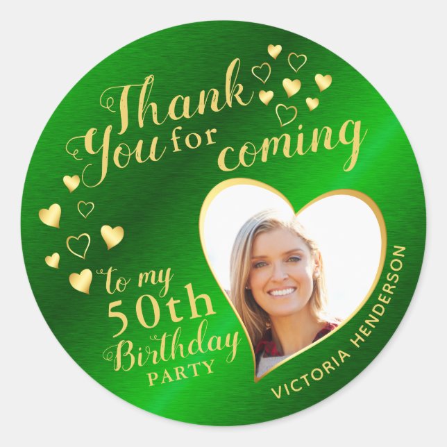 50th Birthday Green and Gold Favor Thank You Classic Round Sticker (Front)