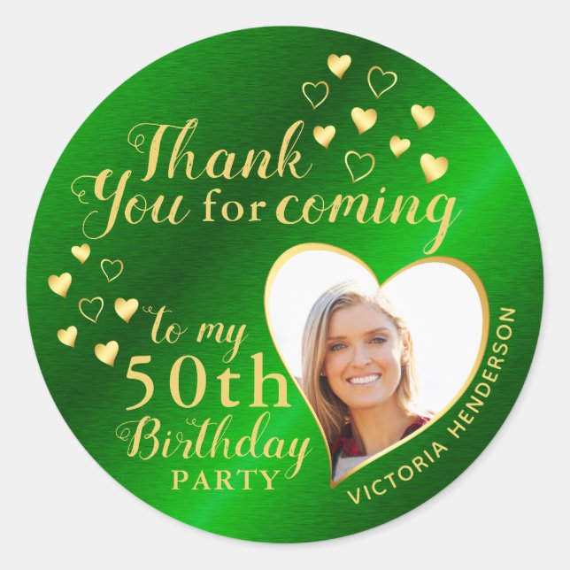50th Birthday Green and Gold Favor Thank You Classic Round Sticker (Front)