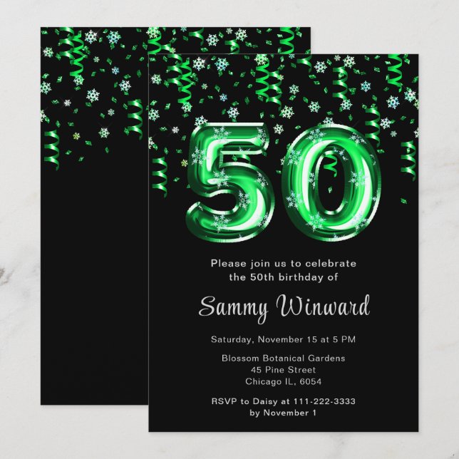 50th Birthday Green Balloons Snowflake Confetti Invitation (Front/Back)