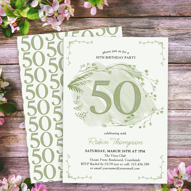 50th Birthday Green Dainty Wildflower Number 50 Invitation (50th Birthday Invitation - buy professionally printed or as digital download for printing or sharing)