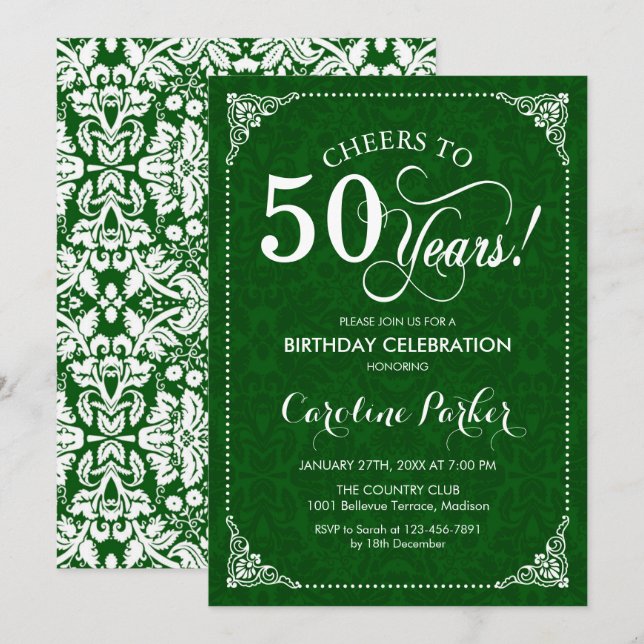 50th Birthday - Green Damask Invitation (Front/Back)