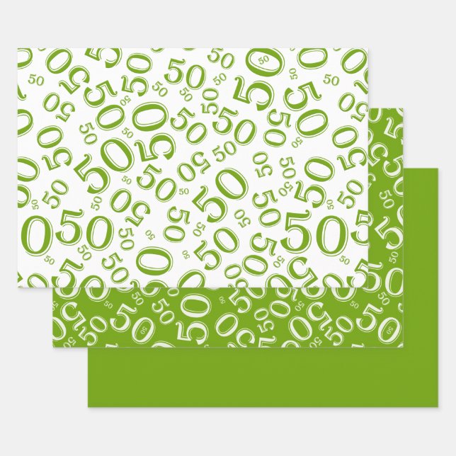 50th Birthday Green & White Random Number Pattern Wrapping Paper Sheets (Set)