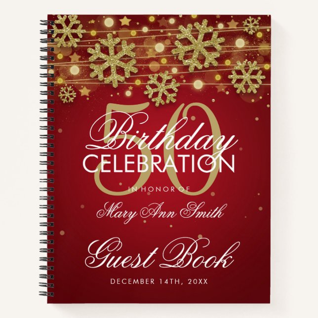 50th Birthday Guestbook Gold Red Winter Notebook (Front)