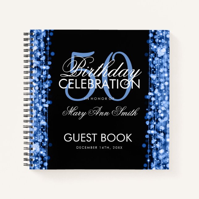 50th Birthday Guestbook Party Sparkles Blue Notebook (Front)
