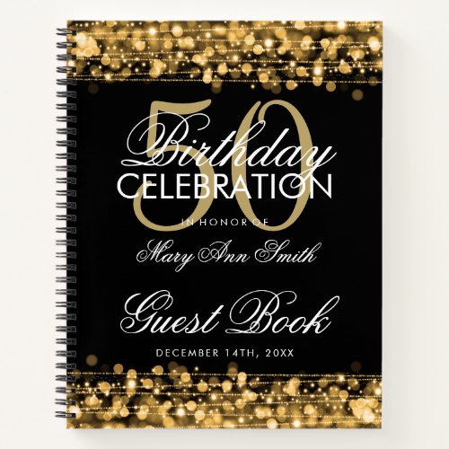 50th Birthday Guestbook Party Sparkles Gold Notebook