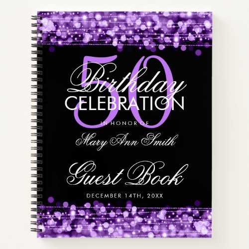 50th Birthday Guestbook Party Sparkles Purple Notebook
