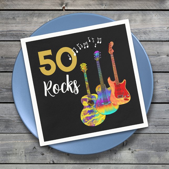 50th birthday Guitar Rocks 50  Napkins (50 Rocks birthday party napkin for him funky psychedelic guitars gold and black 50th birthday )