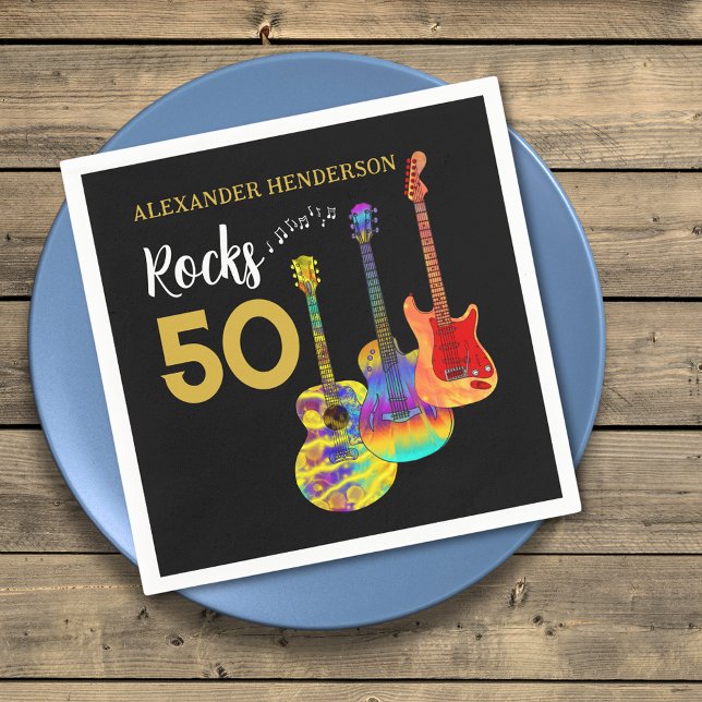 50th birthday Guitar Rocks 50 Personalized Napkins (Rock and roll 50th birthday party custom napkin with add name rocks 50 colorful guitars)