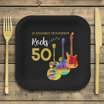 50th birthday Guitar Rocks 50 Personalized Paper Plates<br><div class="desc">Personalized Rocks 50 50th birthday party paper plates with three cool watercolor guitar designs on black background. An electric guitar with Fire flame pattern and red pick guard, a multicolored semi acoustic guitar and a psychedelic classic acoustic guitar art illustration with personalized black and gold modern cool typography. This easy...</div>