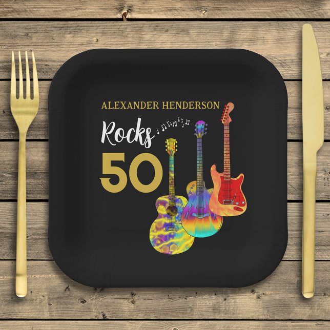50th birthday Guitar Rocks 50 Personalized Paper Plates (Rock and roll 50th birthday party square paper plate personalized for him funky guitars gold & Black)