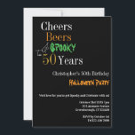 50th Birthday Halloween Cheers Beers Spooky Party Invitation<br><div class="desc">This is a cool and modern, 50th birthday, Halloween party design. It is a simple, minimal design, in classic black and gold typography with pops of orange and green. It has a simple but modern birthday motif and space for you to personalize and add your Halloween birthday details. Perfect for...</div>