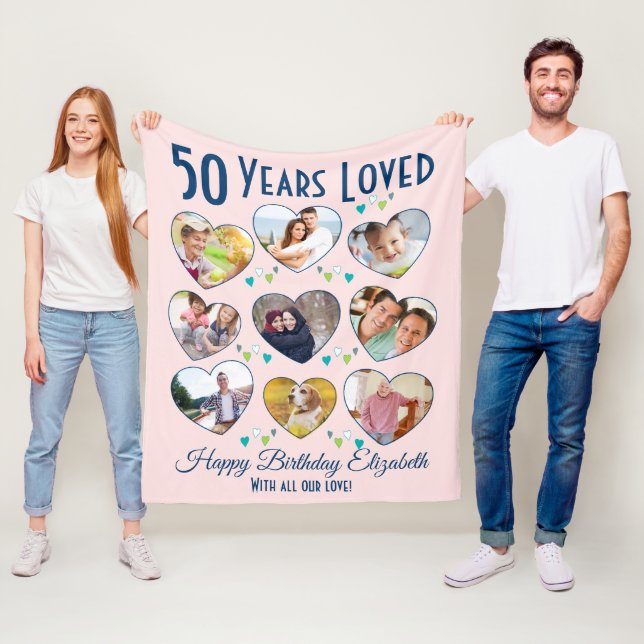 50th Birthday Heart Photo Collage Fleece Blanket (In Situ)