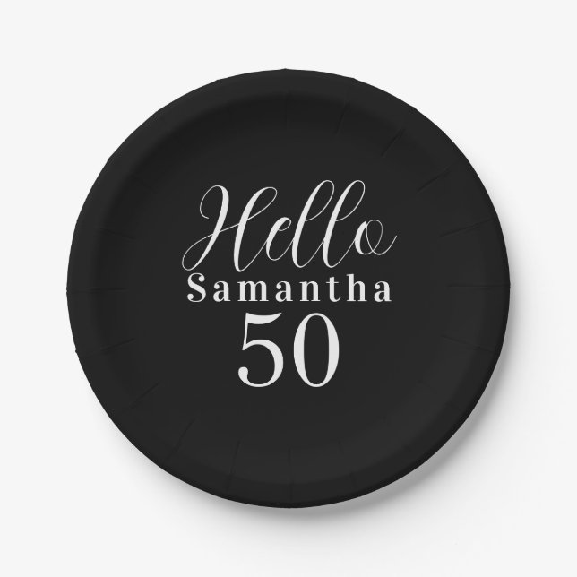 50th Birthday Hello 50 Black and White Party Paper Plates (Front)