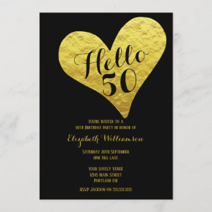 50th Birthday Hello 50 Black Faux Gold Heart Invitation