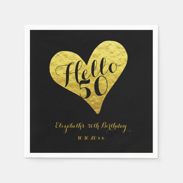 50th Birthday  Hello 50 Black | Faux Gold Heart Napkins (Front)