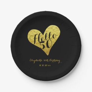 50th Birthday Hello 50 Black Faux Gold Heart Paper Plates