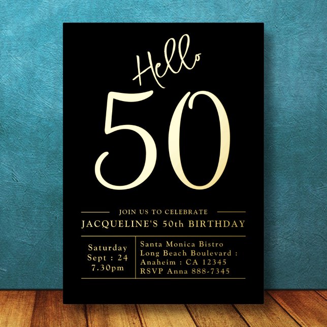 50th Birthday Hello 50 Black Gold Foil Invitation (Creator Uploaded)