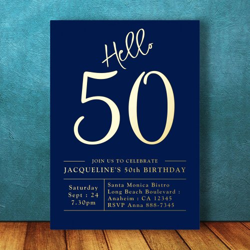 50th Birthday Hello 50 Blue Gold Foil Invitation