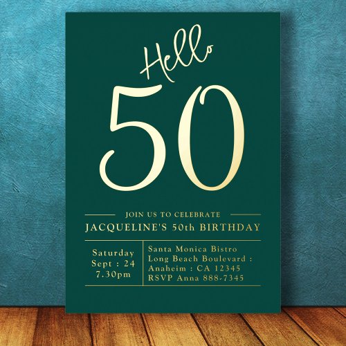 50th Birthday Hello 50 Green Gold Foil Invitation