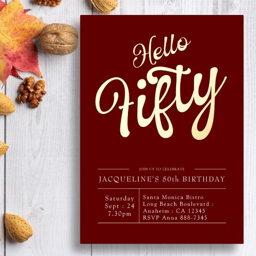 50th Birthday Hello Fifty Red Gold Foil Invitation