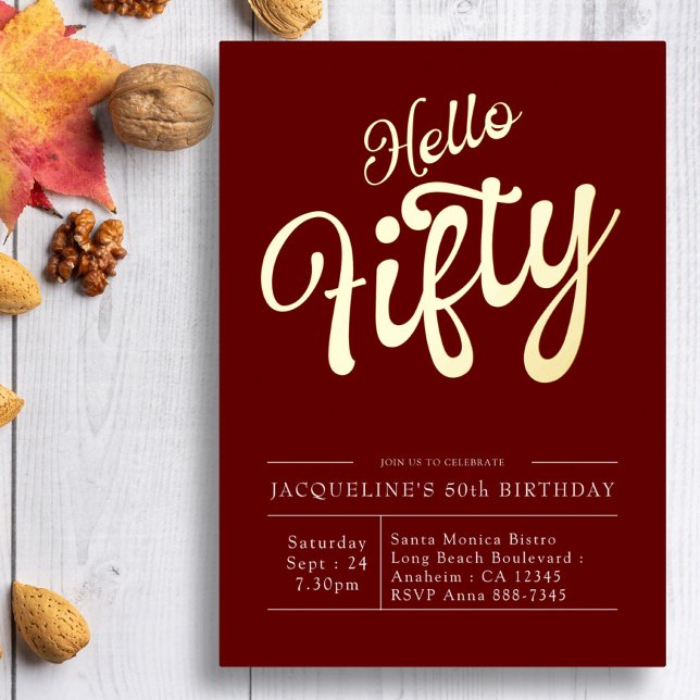50th Birthday Hello Fifty Red Gold Foil Invitation (Creator Uploaded)
