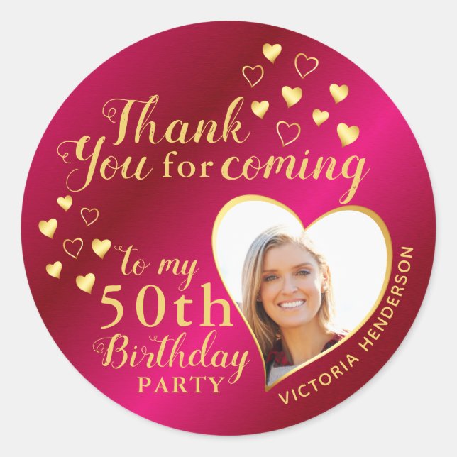 50th Birthday Hot Pink and Gold Thank You Favor Classic Round Sticker (Front)
