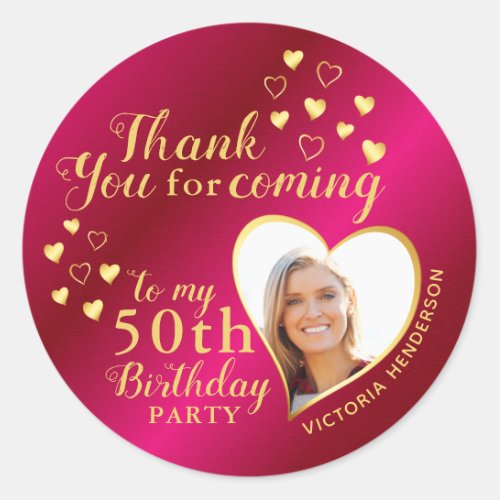 50th Birthday Hot Pink and Gold Thank You Favor Classic Round Sticker