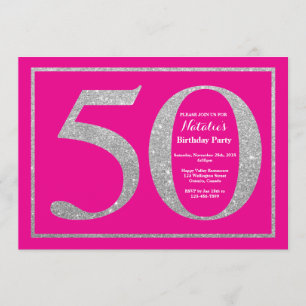 50th Birthday Hot Pink and Silver Glitter Invitation