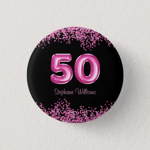 50th Birthday Hot Pink Balloon Font Faux Glitter Button