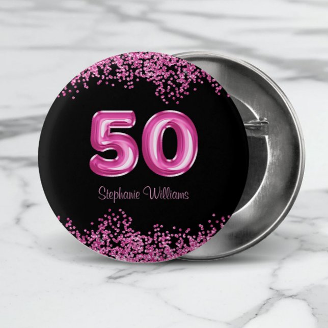 50th Birthday Hot Pink Balloon Font Faux Glitter Button (Shop the collection for matching partyware and gift items for your 50th Birthday celebrations.)