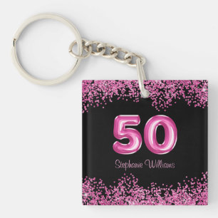 50th Birthday Hot Pink Balloon Font Faux Glitter Keychain