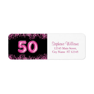 50th Birthday Hot Pink Balloon Font Faux Glitter Label